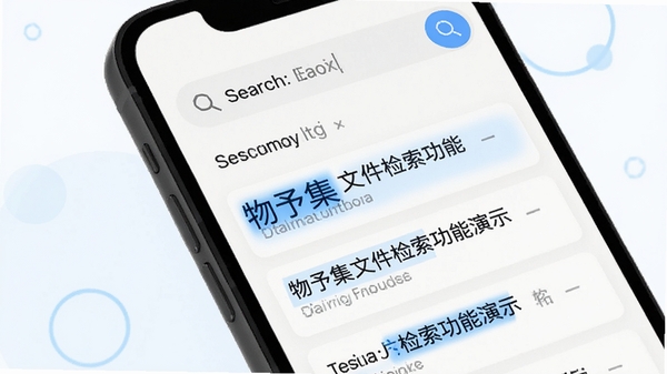 物予集文件检索功能演示,画面聚焦于手机顶部的搜索栏,下方显示带有高亮关键词的搜索结果列表,背景为明亮的白色界面,辅以淡蓝色点缀,突出搜索的快速与精准