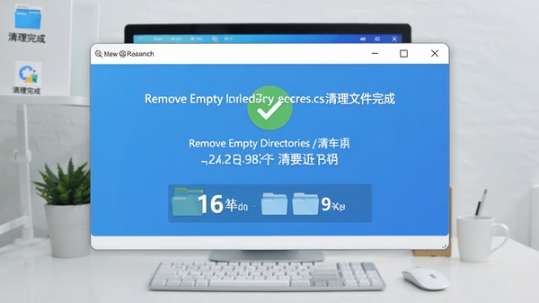 Remove Empty Directories 清理完成界面，显示释放空间大小和清理文件夹数量，背景为整洁的电脑桌面，风格明亮，突出软件操作成功的提示信息