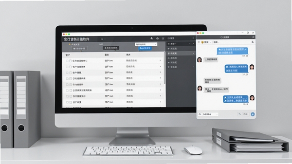 忠仕商务通软件主界面预览图,展示客户列表与聊天窗口并排布局,背景为整洁的浅灰色商务办公风格,桌面上有电脑显示器与文件夹,整体色调沉稳专业