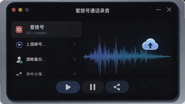 爱拨号通话录音界面，显示录音文件列表，带有播放、暂停、分享按钮，背景为深色，波形图动态显示，突出录音清晰度和云备份图标，整体科技感强