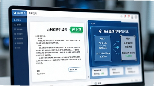 链签软件界面局部特写，屏幕显示一份合同文件旁带有“已上链”绿色标签，右侧是哈希值校验对比动画，背景虚化处理突出前景细节，画面干净清晰，色调以白色和科技蓝为主，强调数据防篡改与安全校验功能