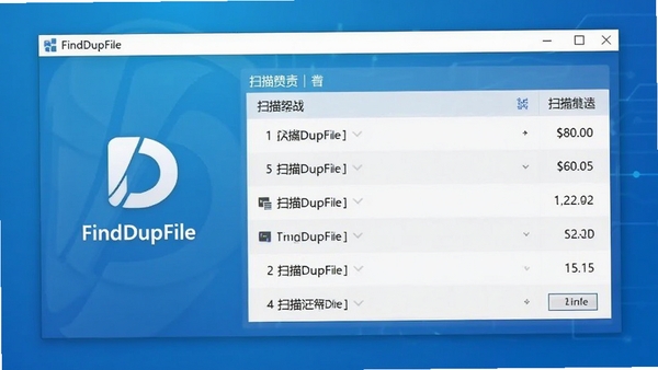 FindDupFile主界面预览图,展示软件logo与简洁的扫描结果列表布局,背景为干净的科技蓝渐变色调