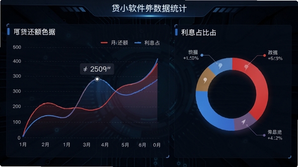 贷小软件数据统计页面预览,画面展示红蓝配色的折线图与环形图,数据标注为月还款额与利息占比,背景为深色科技感纹理,图表线条清晰流畅,突出数据分析的直观性