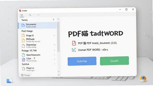 展示PDF猫PDF转WORD软件主界面的截图,界面简洁清爽,左侧有文件列表,右侧有转换按钮,背景为浅灰色桌面,突出软件名称和文档转换功能,整体风格现代明快