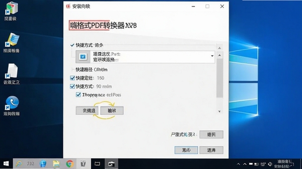 嗨格式PDF转换器安装向导界面截图,展示安装路径选择与快捷方式勾选选项,背景为Windows系统桌面,画面清晰友好,突出安装过程的简便性