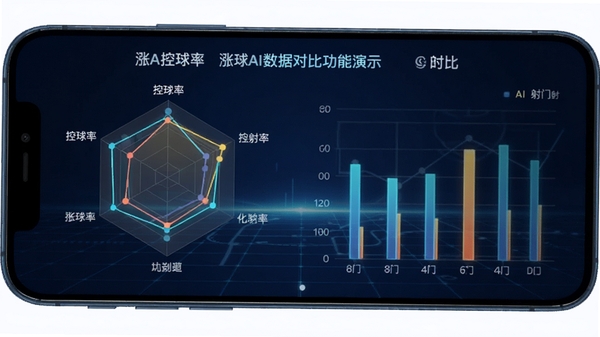 涨球AI的数据对比功能演示，手机屏幕中显示两支球队的雷达图和柱状图对比，包含控球率、射门等指标，背景为深蓝色科技网格，数据线条发光，整体画面简洁清晰。