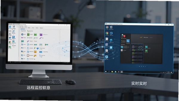 网络人远程监控软件旗舰版远程桌面控制功能示意图,画面左侧为本地电脑操作界面,右侧显示被控端桌面窗口,两者通过流畅线条连接,背景虚化,突出双向实时交互的科技感