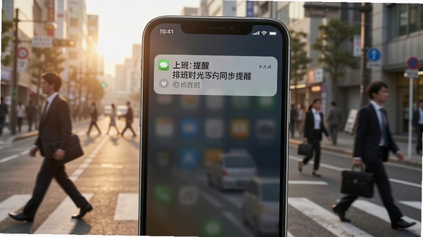 排班时光手机同步提醒界面，手机屏幕显示一条上班提醒通知，背景是清晨的街道和匆忙的上班族，画面生活化，突出及时提醒的实用场景