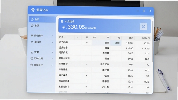 紫辰记账本主界面截图，展示清爽的蓝色调窗口布局，左侧为分类导航栏，右侧为收支明细表格，顶部显示本月结余统计卡片，整体风格简洁现代，背景为淡灰色桌面，画面比例16:9