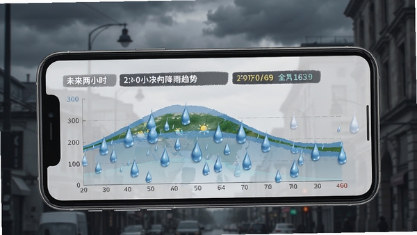 准点卫星天气分钟级降水预报功能演示图,画面展示手机屏幕上未来两小时降雨趋势图表,有雨滴动画效果,背景是阴云密布的城市街道,整体风格写实且信息清晰
