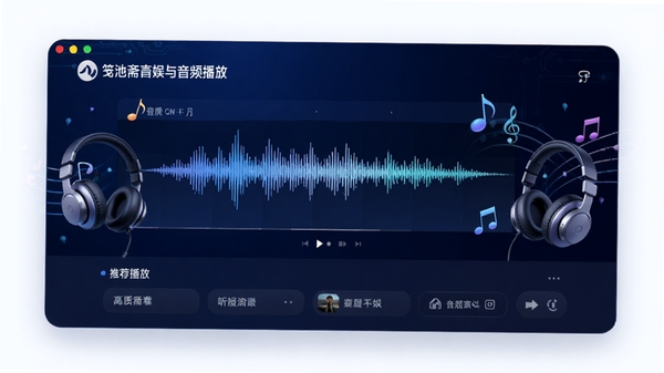 笺池斋有声互娱平台音频播放页面,展示高品质音质波形图与推荐列表,耳机与音符元素点缀,背景为深蓝色科技感渐变,画面干净明亮,突出听觉沉浸感
