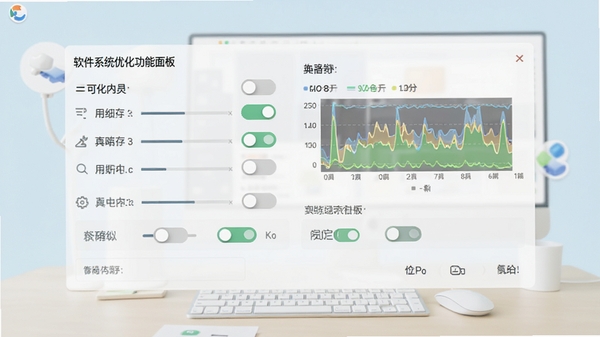 软件系统优化功能面板截图,展示各项可调开关与实时内存占用图表,背景为清爽的浅色桌面,风格简约直观,突出精细化管理功能,画面布局清晰