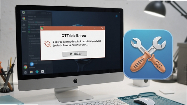 QTTabBar报错修复示意图,画面中电脑屏幕显示错误提示框,旁边有修复工具图标,背景为简洁的工作台,风格写实