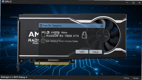 GPU-Z软件正在执行BIOS备份操作，界面弹出保存对话框，显卡型号为AMD Radeon RX 7900 XTX，背景为简洁的蓝色科技光效，突出备份功能的安全可靠