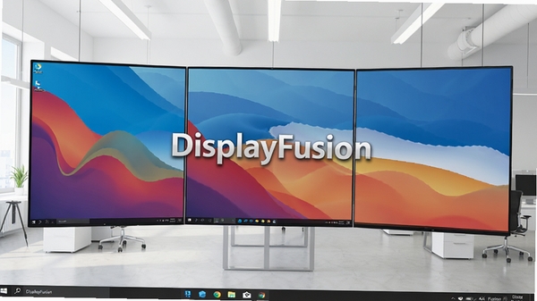 DisplayFusion 多显示器管理软件主界面展示，多个屏幕拼接在一起，桌面壁纸风格统一，任务栏在底部延伸，背景为现代简约的办公室环境，明亮的灯光，高分辨率，画面清晰，软件名称DisplayFusion显示在屏幕中央，4k画质