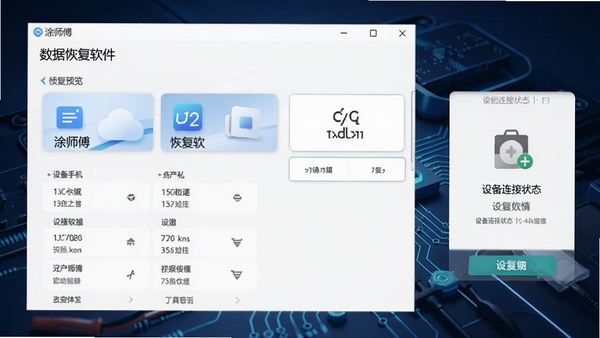 涂师傅安卓手机数据恢复软件主界面预览图，展示清晰的分类恢复模块与设备连接状态提示，背景为简洁的深蓝色科技感工作台