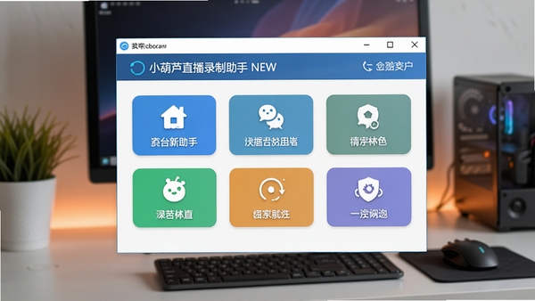 小葫芦直播录制助手NEW软件主界面预览图，展示其简洁的布局和主要功能按钮，背景为现代风格的电脑桌面环境，画面主体突出软件窗口，色彩明亮清晰