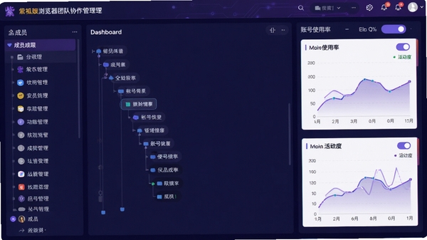 紫狐浏览器团队协作管理界面截图,画面展示后台管理面板中清晰的权限树状图,左侧是成员列表,右侧是功能开关选项,整体设计采用深蓝色与紫色搭配的科技风格,数据面板上显示着账号使用率与活跃度的折线图,突出安全与高效的管理氛围