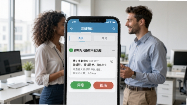 排班时光换班审批流程界面，手机屏幕上显示一条换班申请消息，有同意和拒绝按钮，背景是办公室内两位同事交流的场景，画面清晰自然，突出便捷的移动办公体验