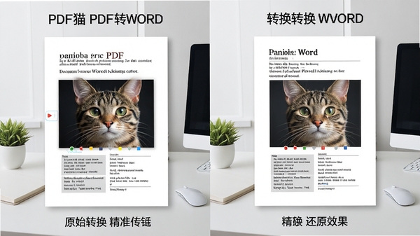 展示PDF猫PDF转WORD软件进行文档转换的对比效果,左侧为原始PDF文件,右侧为转换后的Word文档,两者排版几乎一致,突出精准还原功能,背景为干净的办公桌面