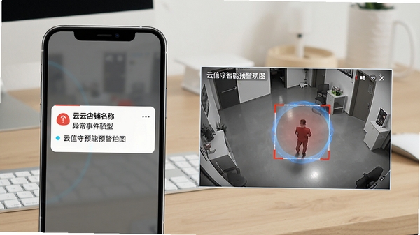 云值守智能预警功能示意图,手机屏幕展示一条带有店铺名称和异常事件类型的告警推送通知,旁边配有监控画面中标记出的移动物体框选特效,背景为简洁的桌面环境,风格清晰直观,突出预警信息的即时性与准确性