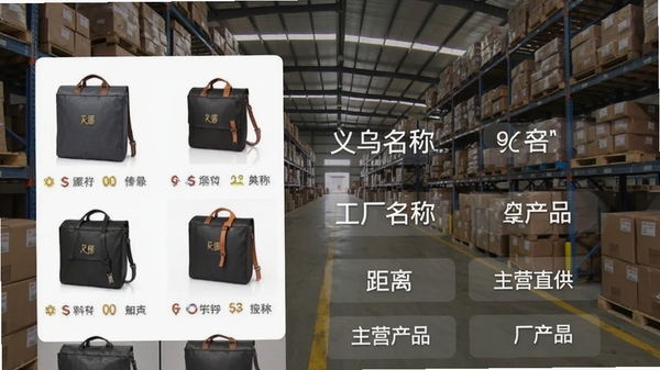 义乌工厂货源批发APP内工厂列表页面,展示工厂名称、距离、主营产品,背景是义乌工厂仓库实拍,画面采用分屏设计,左侧为商品图右侧为工厂信息,风格写实,突出源头直供