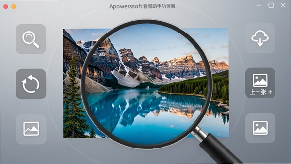 Apowersoft看图助手功能展示图,画面中央显示一张被放大的高清风景图片细节,周围环绕着软件提供的缩放、旋转、上一张/下一张等图形化操作按钮图标,风格简洁直观,背景为柔和的渐变灰色