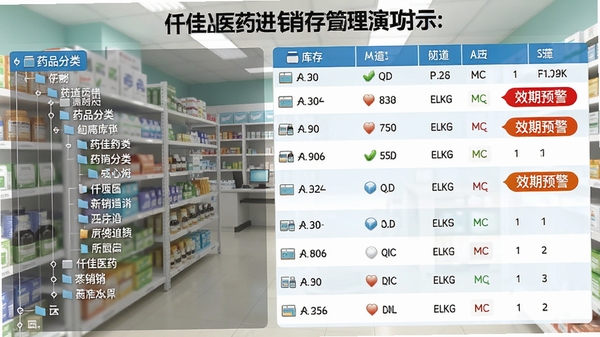 仟佳医药进销存管理功能演示图，左侧为药品分类树，右侧显示库存列表与效期预警标签，模拟药店仓库场景，画面清晰直观