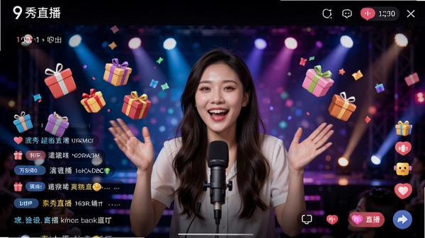 9秀直播主界面预览图,画面中央显示高清直播间画面,主播正在热情互动,周围有清晰的礼物动画与弹幕信息,背景为炫彩灯光舞台效果,整体氛围热闹欢快,界面布局简洁现代,色彩明亮,突出直播间的沉浸感与互动性