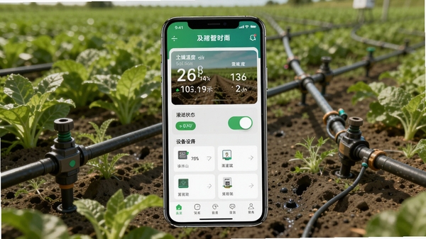 请生成一张展示及时雨智能灌溉管理系统在智能手机上运行的界面预览图,画面中央是APP主界面,显示土壤湿度数据、灌溉状态开关与设备列表,背景为一片绿意盎然的农田与滴灌管道,风格写实清晰,突出科技感与农业结合。