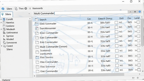 Multi Commander 文件搜索功能界面，输入关键词后显示搜索结果列表，左侧有筛选条件选项，界面清晰直观