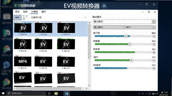 EV视频转换器批量转换功能操作示意图，画面中软件界面显示多个EV格式视频文件已添加到列表，输出格式统一设置为MP4，转换进度条正在运行，背景为深色电脑桌面，突出软件名称EV视频转换器