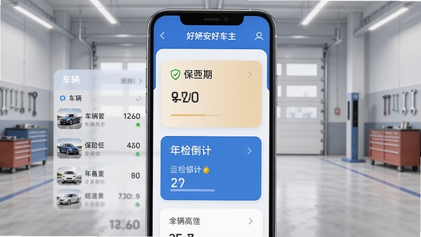 好安好车主车辆信息管理界面，显示车辆列表、保险到期提醒、年检倒计时等模块，界面采用蓝色主题色调，手机屏幕内展示清晰的数据卡片，背景为简约车库环境，适配Boogu模型生成