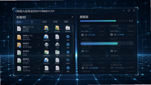 网络人远程监控软件旗舰版文件传输功能预览图,界面展示双向文件列表与传输进度条,背景为简洁的科技感网格,文件图标清晰可见,强调数据传输的高效与安全
