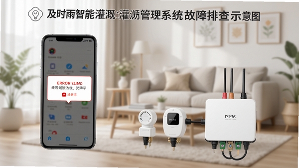 生成一张及时雨智能灌溉管理系统故障排查示意图,画面展示一部手机弹出错误提示框,旁边有传感器和网关设备,背景为简洁的客厅环境,色调柔和,突出解决方案。