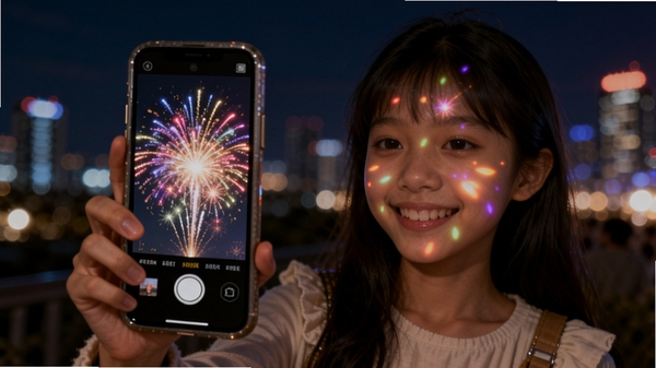 魔法拍照相机新增烟花特效预览图，画面中一个女孩在夜晚手持手机拍摄，屏幕上绽放出彩色烟花特效，背景是城市夜景，烟花光斑照亮人脸，色彩绚丽，细节丰富，突显特效的喜庆与趣味。