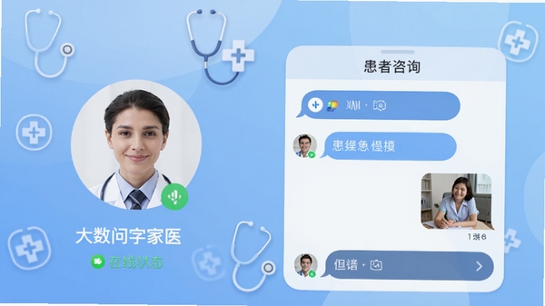 大白数字家医APP在线问诊功能预览，画面左侧为医生端头像和在线状态，右侧为患者咨询对话框，包含语音条和图片消息，背景为柔和的蓝色渐变，点缀听诊器、医疗图标等元素，整体风格专业且亲切
