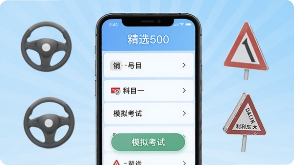 科目一精选500题主界面展示,手机屏幕显示题库列表和模拟考试按钮,背景为浅蓝色渐变,配以方向盘和交通标志图标,整体风格简洁明亮,突出学习氛围