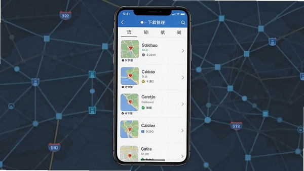全景路况导航离线地图下载界面，手机屏幕显示地图下载管理页面，列表形式展示城市地图包，背景为简单网络图案