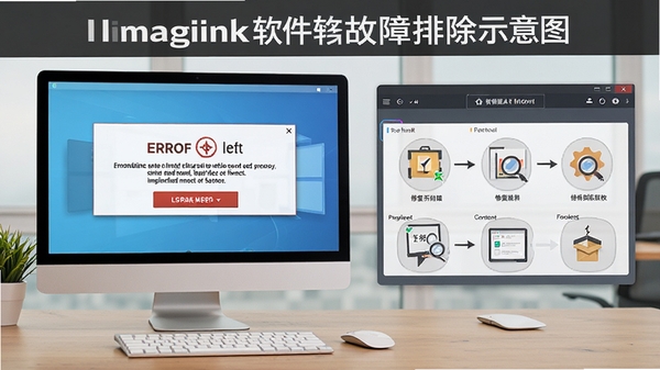 Imagink软件故障排除示意图，画面展示电脑屏幕上的错误提示框与修复工具界面，背景为整洁的办公桌面，风格清晰直观