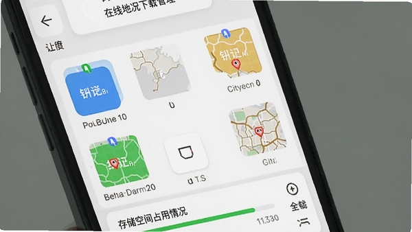全景路况导航在手机上的操作界面，展示离线地图下载管理页面，列表显示已下载的省份和城市地图包，下方是存储空间占用情况，背景为简洁的白色设置界面，图标色彩鲜明