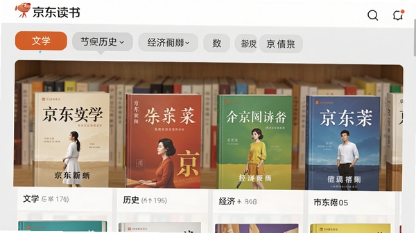 京东读书软件内图书分类展示界面，画面呈现书架式布局，包含文学、历史、经济等多个分类标签，书籍封面色彩丰富，背景为浅灰色，突出书籍堆叠的层次感与软件的整洁界面设计