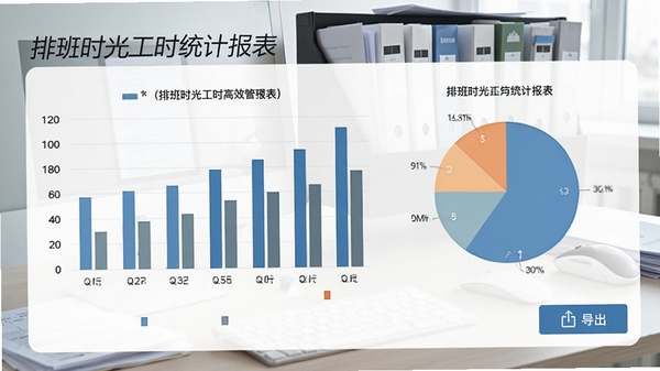 排班时光工时统计报表截图，画面展示柱状图与饼图，旁边有导出按钮，背景是办公桌上的电脑和文件，整体商务风格，强调数据准确与高效管理