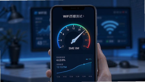 WiFi万顺钥匙网速测试功能预览图,画面显示手机进行网络测速的动画界面,有速度指针和实时数据曲线,背景模糊处理突出前景,科技蓝配色,体现专业与高效