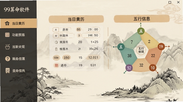 99算命软件主界面预览图，画面左侧为功能导航栏，右侧展示当日黄历与五行信息，背景采用淡雅的古典水墨山水画风格，整体色调以米白和淡赭石色为主，界面布局清晰，文字排版工整，营造出宁静致远的传统文化氛围