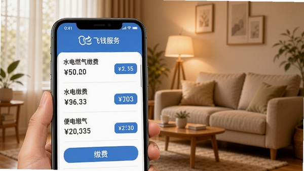 飞钱服务缴费功能示意图，手机界面显示水电燃气缴费列表，每项带有金额和缴费按钮，背景为温馨的家庭客厅场景，光线柔和，突出便捷生活缴费主题，包含飞钱服务品牌名称