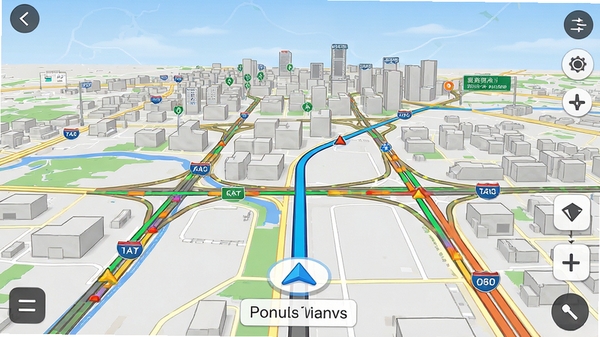 全景路况导航主界面高清截图，展示地图全览与实时路况颜色标记，城市道路背景，画面中心为导航路线规划，风格写实清晰