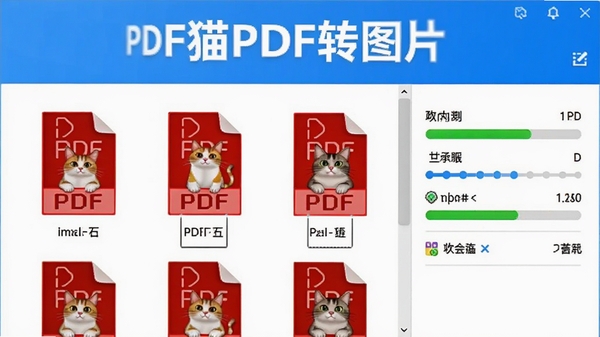 PDF猫PDF转图片批量转换功能示意图，界面显示多个PDF文件同时导入，右侧有进度条和转换状态标记，整体风格明亮清晰，突出软件名称