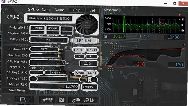 GPU-Z主界面展示，左侧为显卡名称和芯片信息列表，右侧为实时传感器数据面板，背景为深色科技感电路板纹理，界面清晰直观，风格专业简洁