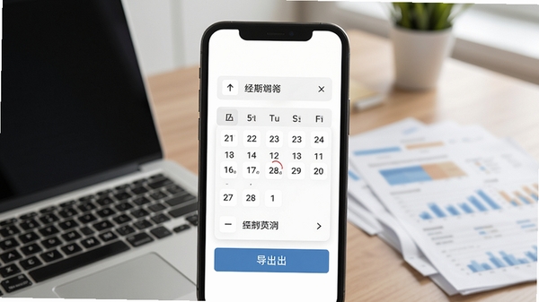 经营吧财务报表导出功能示意图,手机屏幕显示日期选择器和导出按钮,背景为办公室桌面,有笔记本电脑和纸质报表,画面干净整洁